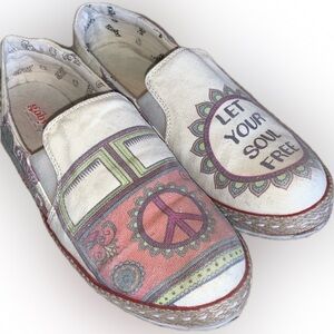 GOBY espadrille canvas loafers, hippie peace-out theme, cream/pink/green. 42 EUC
